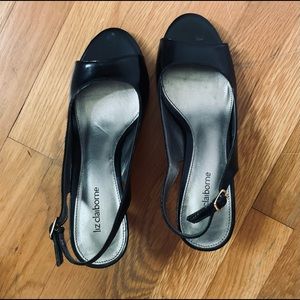 Liz Claiborne open toe, slingback leather heels 8.5M, 2.5 inches